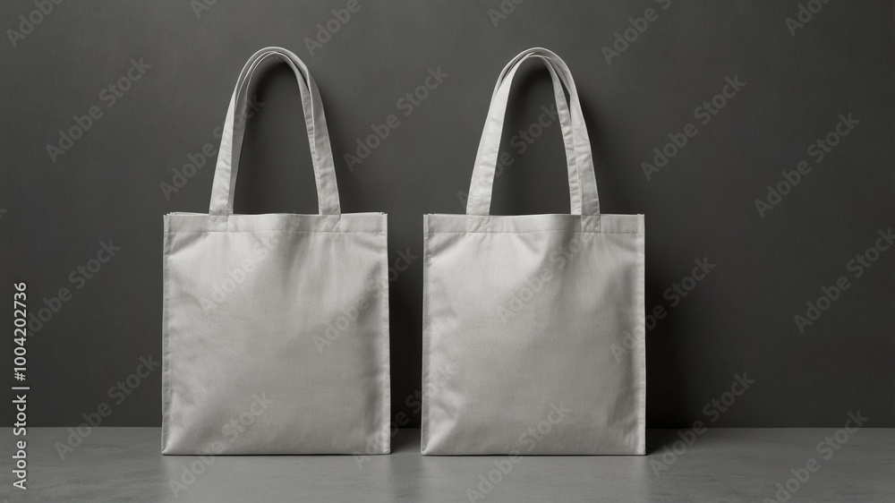 A mockup of white tote bags on a grey background A mockup of white tote bags on a grey background