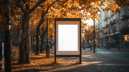 A blank white poster is displayed on the bus stop, which stands in an autumn city street with trees and leaves. photo