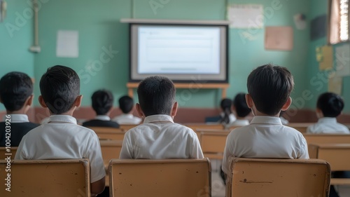 Young students in an underfunded classroom, lacking textbooks and supplies, while a nearby private school has advanced technology   educational resource gap, inequality photo