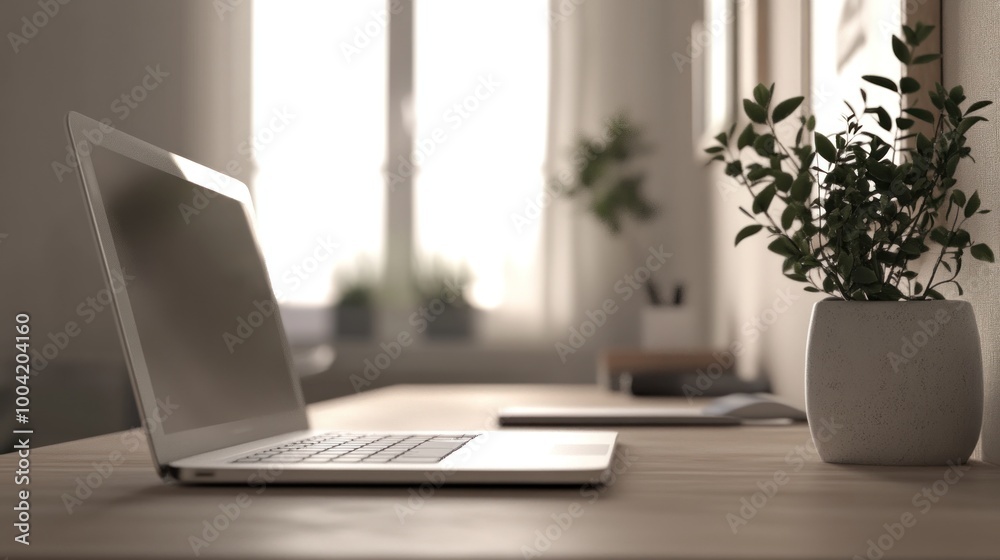 A minimalist workspace featuring a laptop and a potted plant on a wooden desk. A minimalist workspace featuring a laptop and a potted plant on a wooden desk.