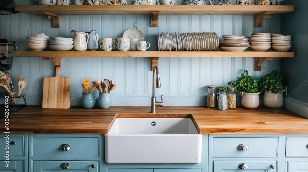 Blue Kitchen with Farmhouse Sink and Wooden Countertop. Blue Kitchen with Farmhouse Sink and Wooden Countertop.