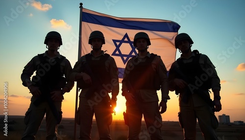 Israeli soldiers stand before the flag of Israel photo