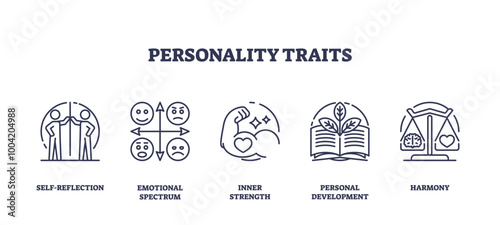 Outline icons representing self-reflection, emotional spectrum, inner strength, personal development, and harmony. outline icons set