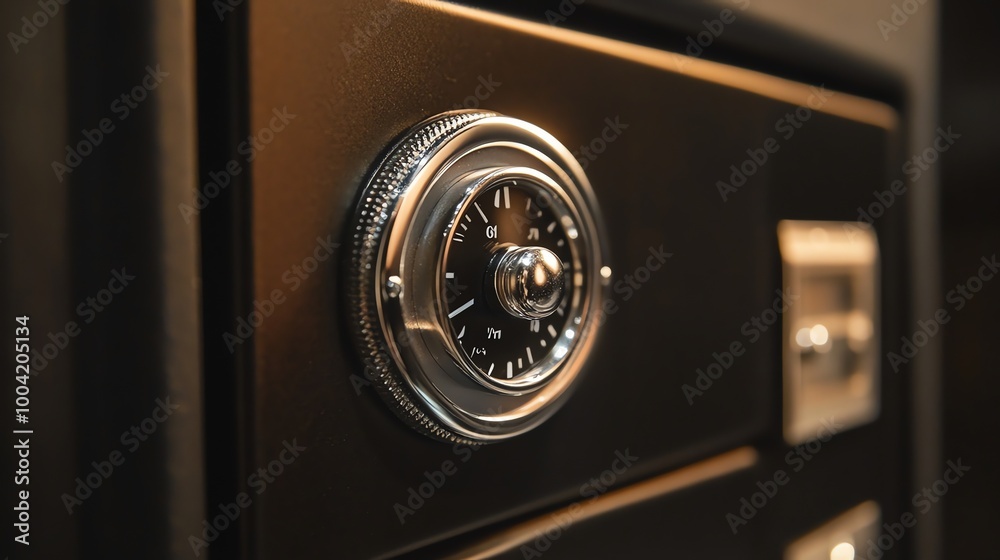 A close-up of a combination lock on a safe. A close-up of a combination lock on a safe.