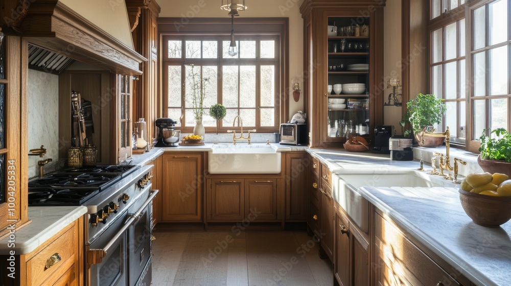 Rustic Kitchen with Farmhouse Sink and Window View. Rustic Kitchen with Farmhouse Sink and Window View.