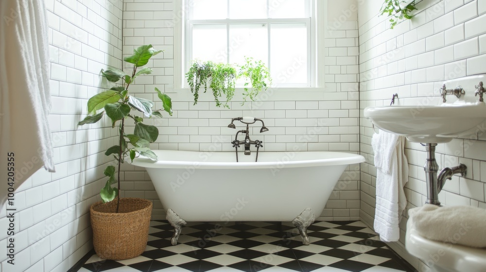 White Bathroom with Clawfoot Tub, Plants, and Checkerboard Floor.