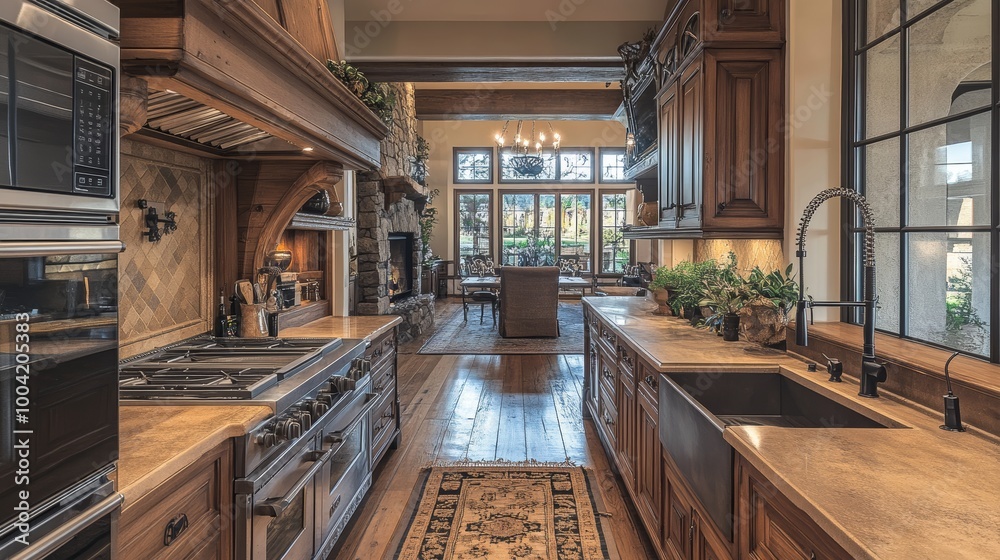 Rustic Kitchen Interior Design with Stone Fireplace and Large Windows. Rustic Kitchen Interior Design with Stone Fireplace and Large Windows.