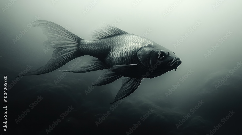 A solitary fish swimming in a dark, atmospheric underwater scene. A solitary fish swimming in a dark, atmospheric underwater scene.