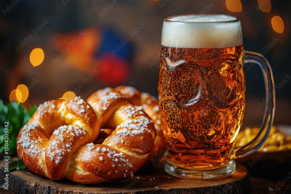 a detailed shot of a freshly baked pretzel on a wooden board sprinkled with coarse salt next to mustard and beer with Oktoberfest decorations and a Bavarian flag in the background a detailed shot of a freshly baked pretzel on a wooden board sprinkled with coarse salt next to mustard and beer with Oktoberfest decorations and a Bavarian flag in the background