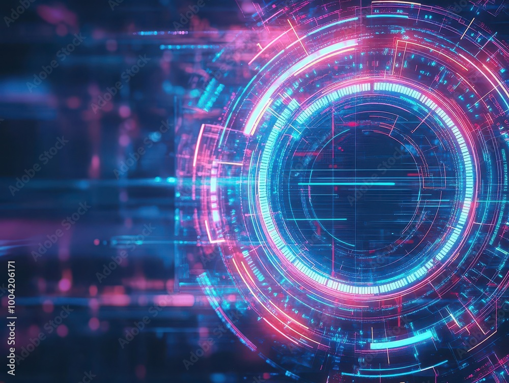 Obraz premium Gear technology visualization, neon holograms, cyberpunk engineering lab, abstract patterns