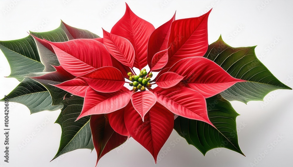 Obraz premium Close-Up of a Vibrant Red Poinsettia with Green Leaves and Yellow Green Buds, Isolated on a White Background. Classic Christmas Flower Symbolizing Holiday Festivity and Seasonal Warmth