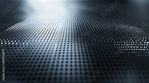 A sleek, modern abstract background featuring a metallic surface with perforated holes in a gradient lighting effect. The composition evokes futuristic design and minimalism, perfect for presentations