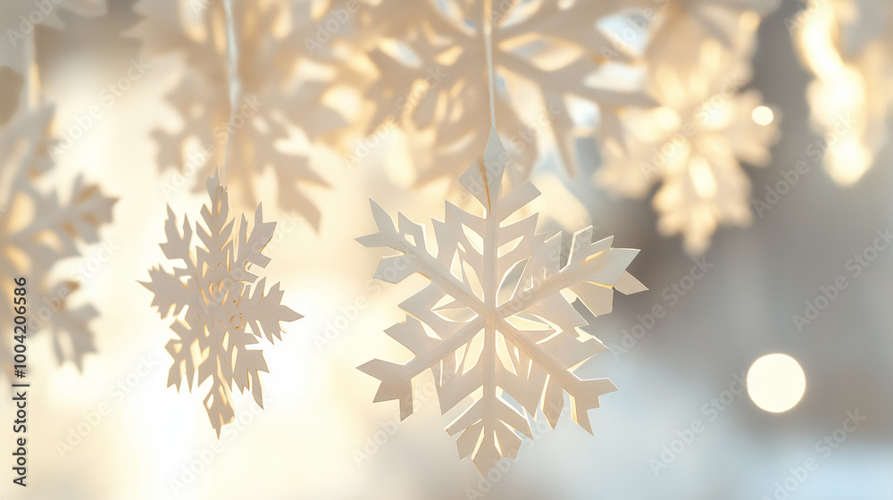 Close-Up of White Snowflake Ornaments Hanging with Warm Bokeh Lights Close-Up of White Snowflake Ornaments Hanging with Warm Bokeh Lights