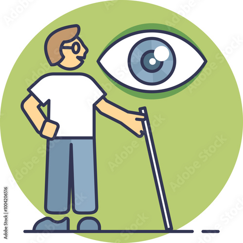 Illustration of a visually impaired person with a cane and a large eye symbol, representing visual accessibility.