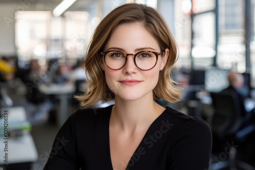 Confident young professional woman with glasses in modern office environment, smiling and looking at camera.