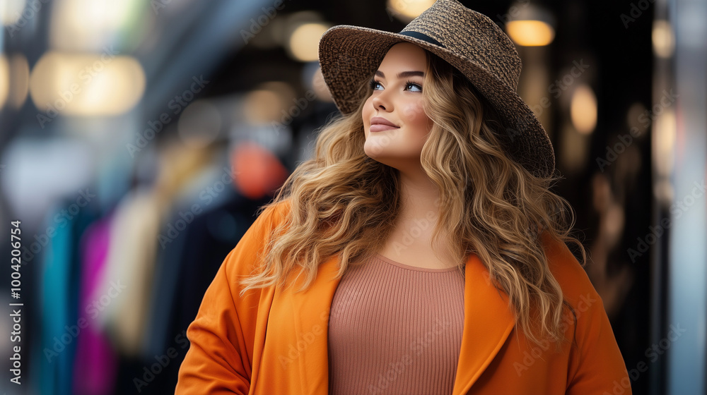 confident woman with wavy hair wearing stylish orange coat and straw hat, looking thoughtfully into distance, exuding sense of fashion and self assurance. confident woman with wavy hair wearing stylish orange coat and straw hat, looking thoughtfully into distance, exuding sense of fashion and self assurance.
