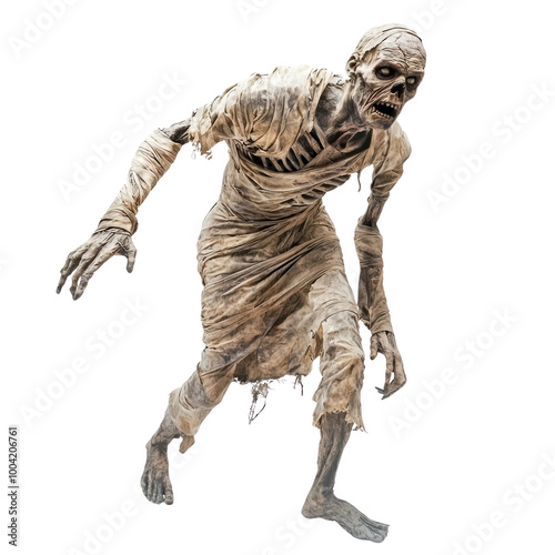 Halloween mummy walking isolated on white transparent. Mummified egyptian scary creature