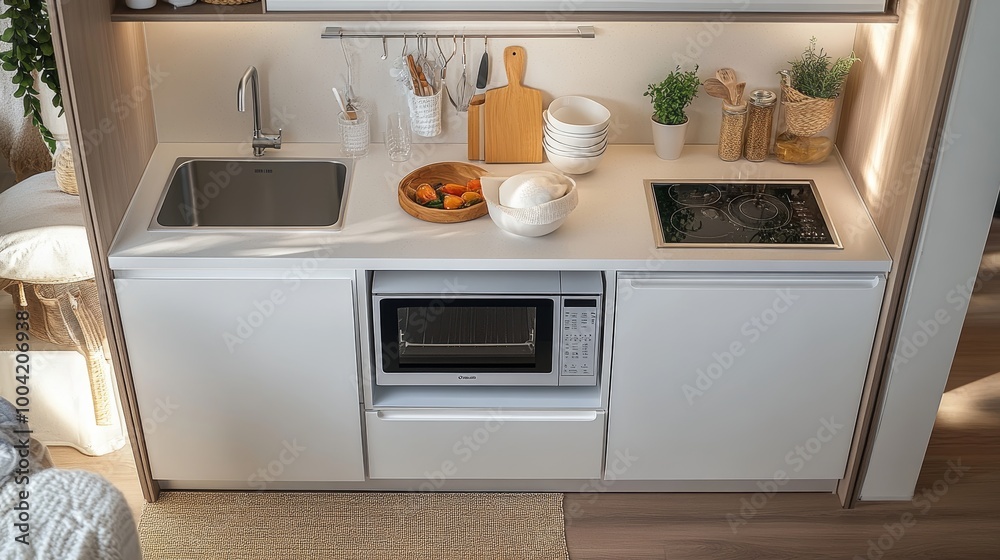 Modern White Kitchenette with Microwave and Induction Cooktop. Modern White Kitchenette with Microwave and Induction Cooktop.