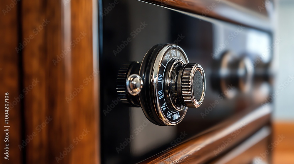 A close-up of a combination lock on a safe. A close-up of a combination lock on a safe.