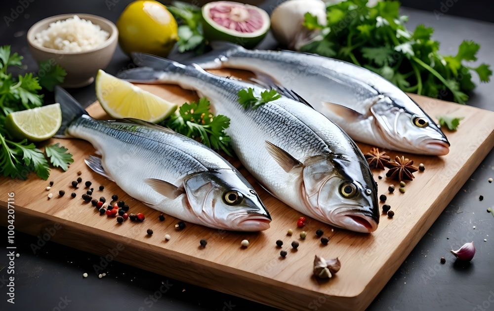 Various fresh fish on a cutting Board with spices, parsley, garlic and lime. Various fresh fish on a cutting Board with spices, parsley, garlic and lime.