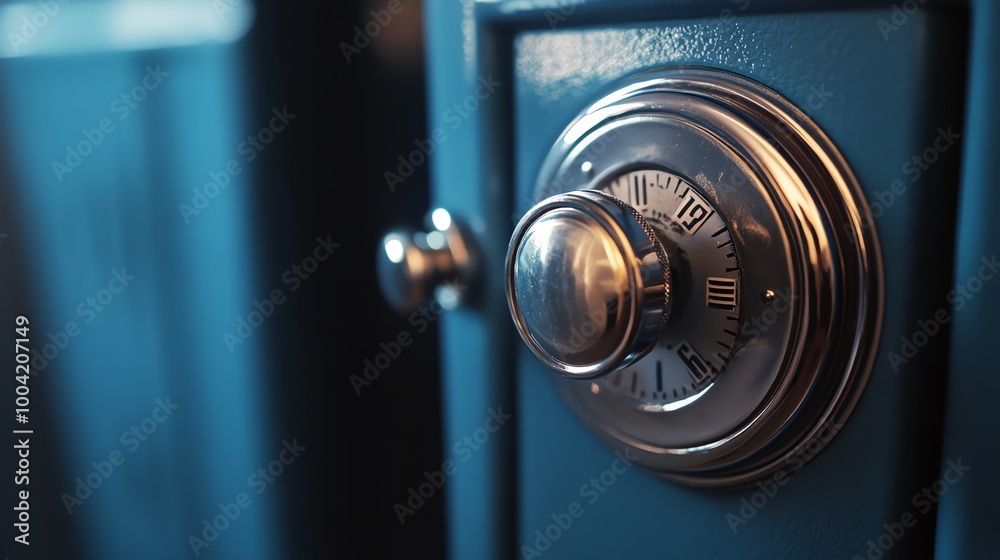 A close-up of a combination lock on a safe. A close-up of a combination lock on a safe.