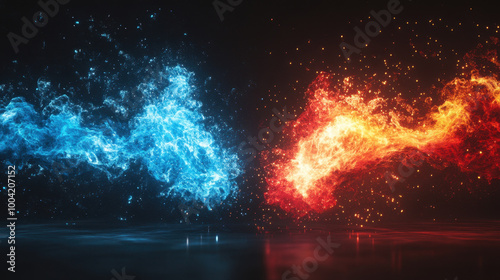 Versus background, Two striking energy elements, one vibrant blue and the other intense red, collide in a dramatic splash, sending shards of light radiating outwards. Set against a