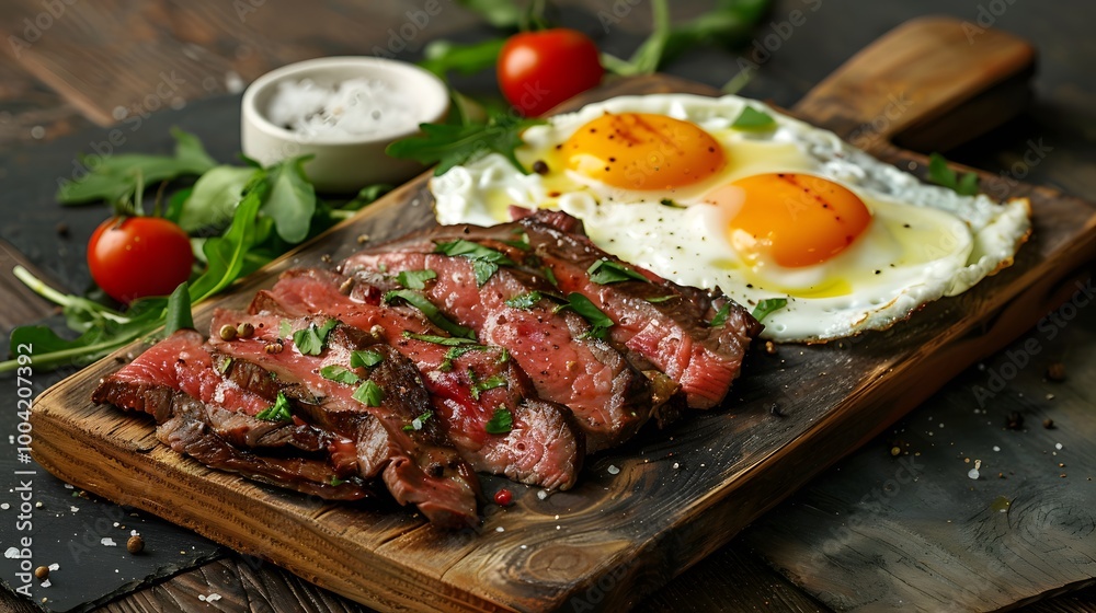  wooden board sliced beefsteak and 2 fried eggs, a bit of fresh salad