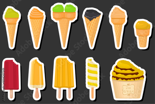 Illustration on theme big kit ice cream popsicle different types in cone waffle cup