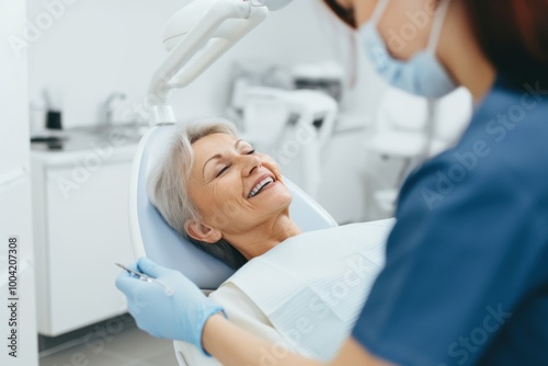 Old female Dentist Treating Teeth Of Woman Patient patient dentist clinic.