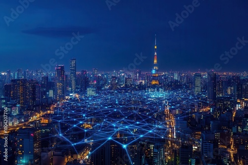 Wallpaper Mural Futuristic city skyline illuminated by a network of digital pathways, showing the interconnected growth of businesses in a smart city Torontodigital.ca