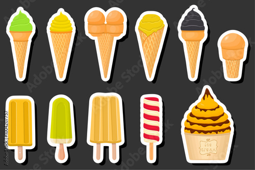 Illustration on theme big kit ice cream popsicle different types in cone waffle cup