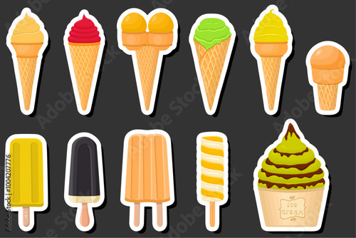 Illustration on theme big kit ice cream popsicle different types in cone waffle cup