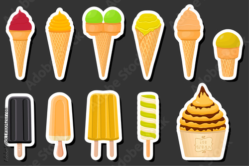 Illustration on theme big kit ice cream popsicle different types in cone waffle cup