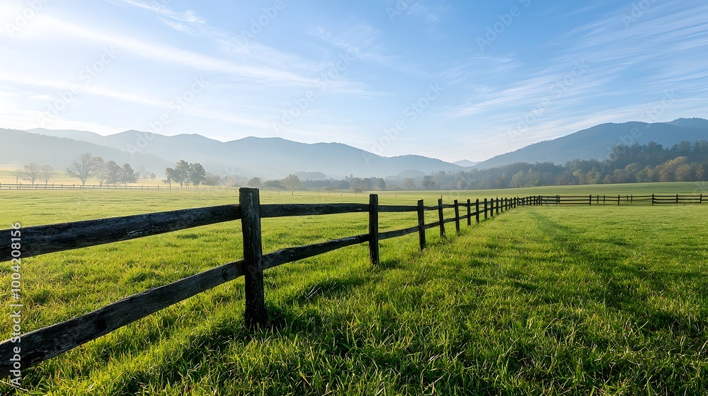 Serene Morning at a Horse Farm - Tranquil Horses Grazing in Lush Paddocks for Equine Well-Being and Farm Serenity Serene Morning at a Horse Farm - Tranquil Horses Grazing in Lush Paddocks for Equine Well-Being and Farm Serenity