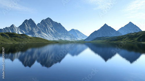A tranquil mountain lake background reflecting the surrounding peaks, ideal for peaceful themes.