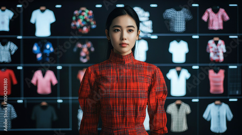 fashion designer stands confidently in front of digital display showcasing various clothing styles. vibrant red dress contrasts beautifully with array of shirts behind her, highlighting fusion of photo