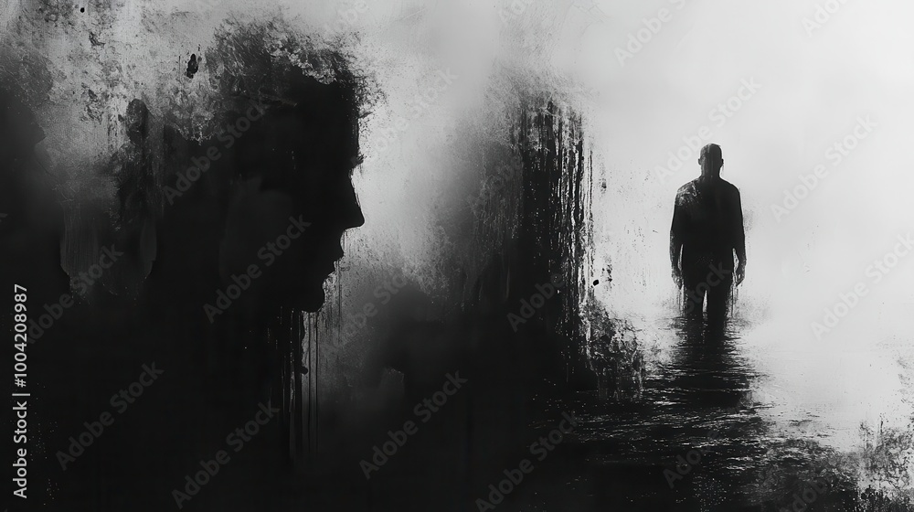 grungy monochrome illustration captures obscure reveries with echoing textures and shadowy elements that evoke a sense of nostalgia and introspection within a dark atmospheric space grungy monochrome illustration captures obscure reveries with echoing textures and shadowy elements that evoke a sense of nostalgia and introspection within a dark atmospheric space