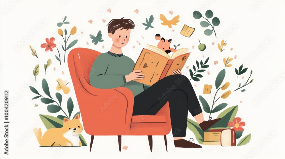 A young Caucasian man enjoys reading a book in a cozy armchair, surrounded by playful animals and colorful flowers. A young Caucasian man enjoys reading a book in a cozy armchair, surrounded by playful animals and colorful flowers.