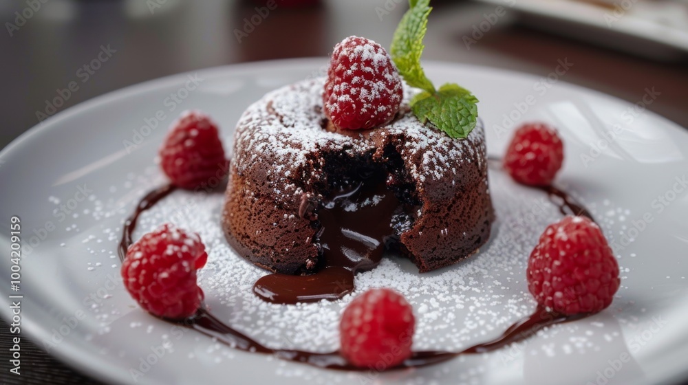 Decadent Chocolate Cake with Raspberries and Powdered Sugar Garnish on a Plate Decadent Chocolate Cake with Raspberries and Powdered Sugar Garnish on a Plate