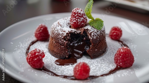 Decadent Chocolate Cake with Raspberries and Powdered Sugar Garnish on a Plate