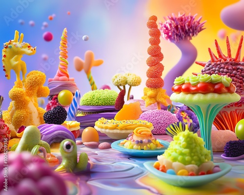 Tilted angle view of a whimsical forest made of colorful pastries, surreal creatures serving dishes, vibrant hues blending delightfully photo