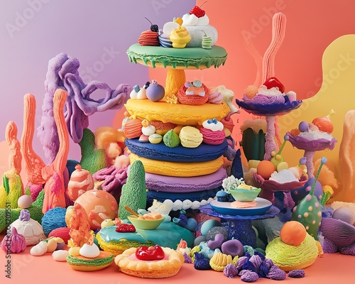 Tilted angle view of a whimsical forest made of colorful pastries, surreal creatures serving dishes, vibrant hues blending delightfully photo