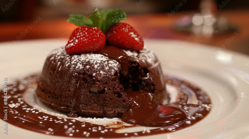 Decadent Chocolate Lava Cake with Strawberry Garnish Served on a White Plate in an Upscale Restaurant Setting