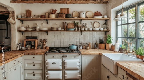 Rustic Kitchen Interior with Farmhouse Sink and Stove.