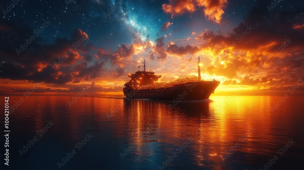 A cargo ship sailing at sunset, reflecting on calm waters. A cargo ship sailing at sunset, reflecting on calm waters.