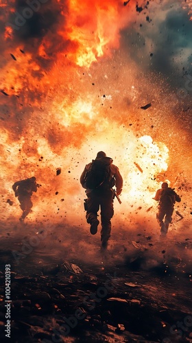 Intrepid soldiers rushing into fierce combat surrounded by raging flames