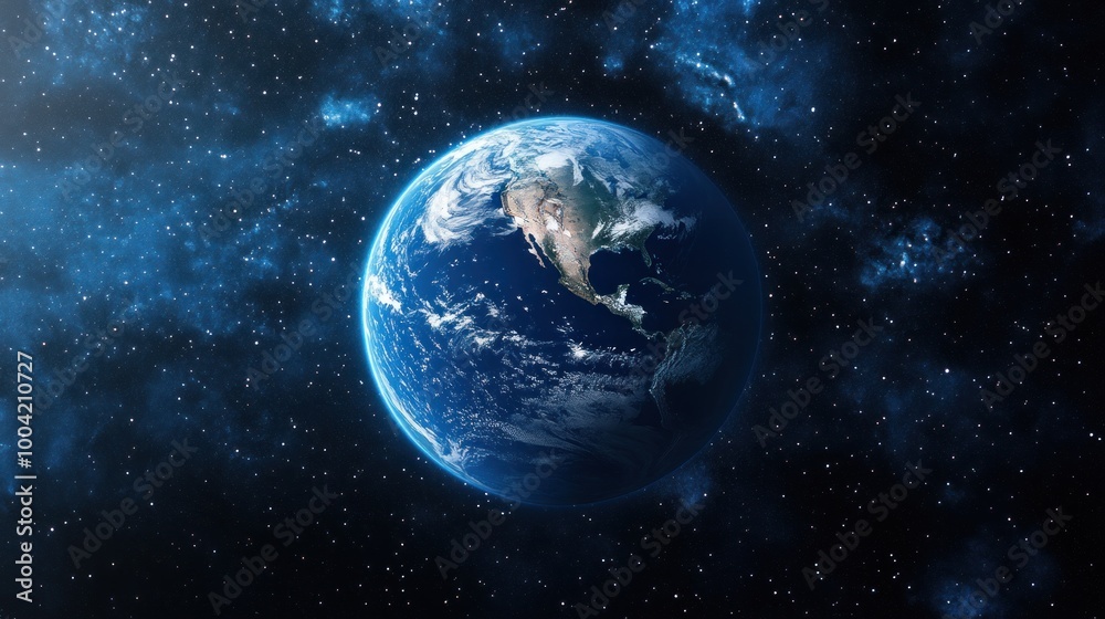 Vibrant view of Earth from space, showcasing its blue oceans and green landmasses against a starry background. Vibrant view of Earth from space, showcasing its blue oceans and green landmasses against a starry background.