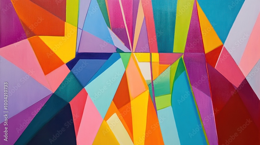 A vibrant abstract painting featuring geometric shapes in a blend of bright colors, creating a dynamic and energetic composition. A vibrant abstract painting featuring geometric shapes in a blend of bright colors, creating a dynamic and energetic composition.