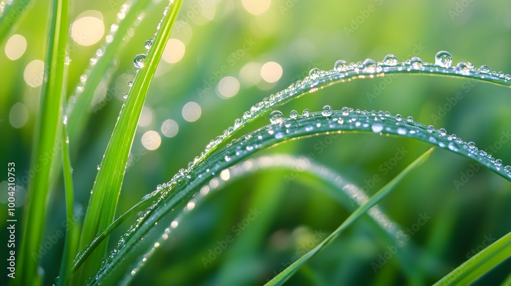 Morning Dew on Fresh Grass Blades in Sunlight Morning Dew on Fresh Grass Blades in Sunlight