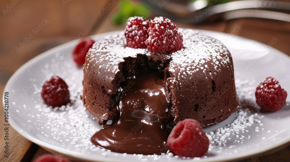 Decadent Molten Chocolate Lava Cake with Raspberry Garnish on Plate Decadent Molten Chocolate Lava Cake with Raspberry Garnish on Plate